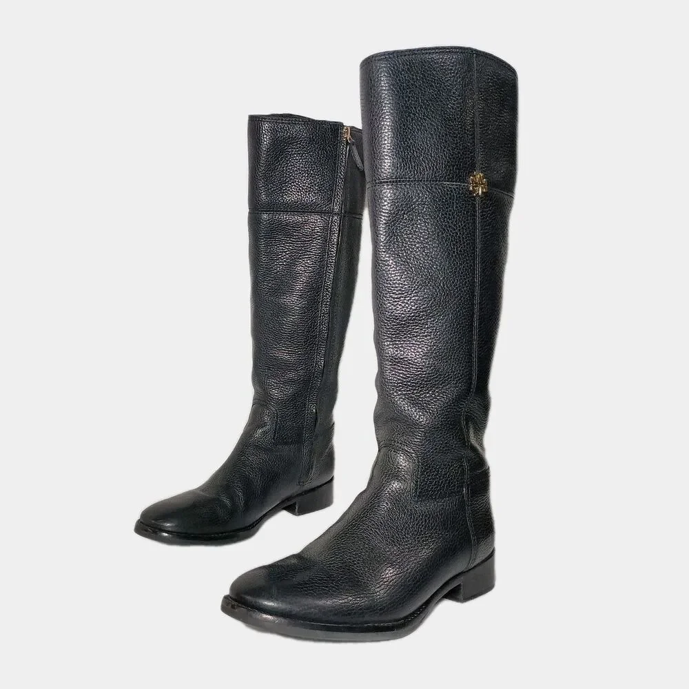 Tory Burch Jolie Riding Boots Shoes Womens Size 8M Black Grain Pebbled Leather